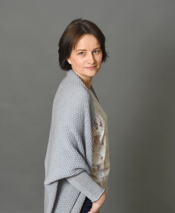Merino wool sweater, merino cardigan, knit sweater, oversized shrug, cocoon cardigan, grey sweater