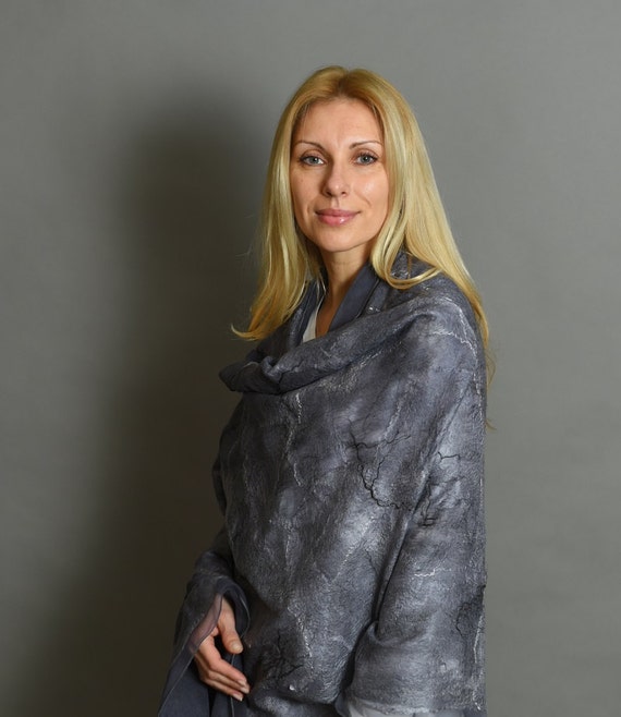 Nuno felted scarf, Merino wool scarf, Grey shawl, Felted shawl, Felted wool scarf, Felted silk shawl