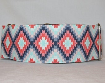Blue Ikat Martingale Dog Collar - 1.5 or 2 Inch - turquoise coral navy geometric diamond pattern