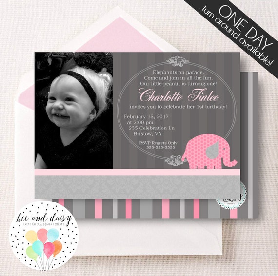 Pink Elephant Invitation, Elephant Birthday Invitation, Elephant Party, Girl First Birthday, Girl Birthday, Elephant Invite, Photo Invite Il_570xn