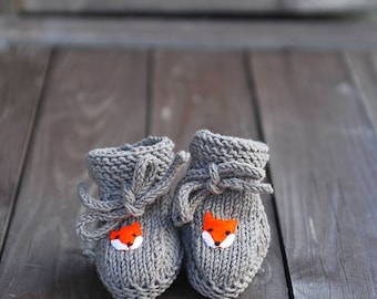 Newborn Baby Girls Boys Knitted wool Socks Baby Stay-On Lace up Booties neutral grey brown felt Fox applique woodland gift 0-3-6-9-12 months