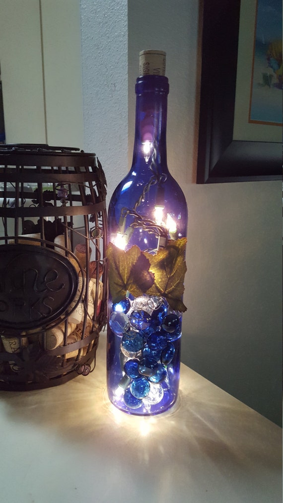 Upcycled Cobalt Blue Wine Bottle Accent Lamp by KBKreationsShop