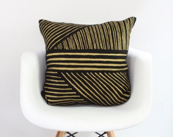 Karnataka 18x18" pillow cover hand printed in metallic gold on black organic hemp