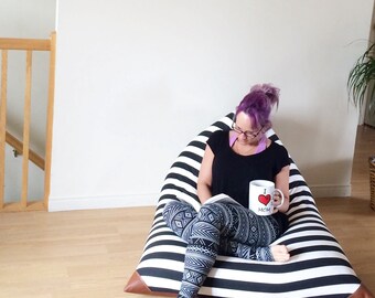 Oversized Bean Bag - Adult Size Pouf - Giant Reading seat -Black and White Stripes or Choose your Fabric