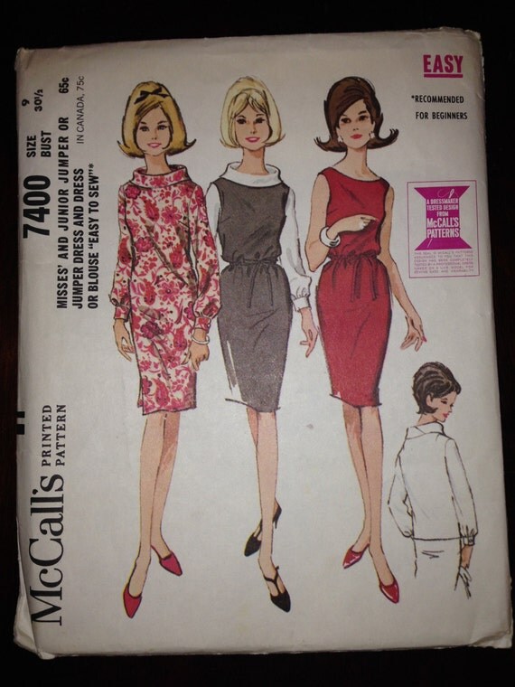 Misses and Juniors Jumper or Jumper Dress and Dress or Blouse McCalls Sewing Pattern 7400 60s Size 9