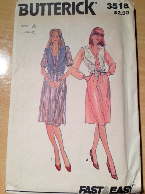 Vintage 80s Butterick 3518 Fast and Easy Sewing Pattern Misses Dress and Vest Uncut Size 8-12