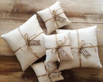 Natural Cotton Ring Bearer Pillow With Jute Twine and Burlap Tag- Personalize With Initials- 3 Sizes -Wedding/Ceremony-Natural/Minimalist