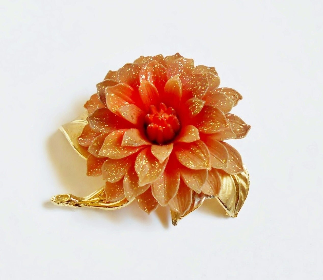 Flower Brooch Vintage Orange Flower Pin Gold Gilt Glitter