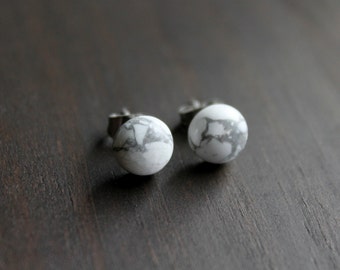 Howlite Stud Earrings, Surgical Steel Stud Earrings, Stainless Steel, Marble Earrings, Marble Stud Earrings, White Marble, White Turquoise