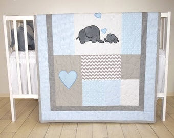 Elephant Baby Quilt, Blue Gray Crib Bedding, Chevron Elephant Blanket, Grey Safari Nursery