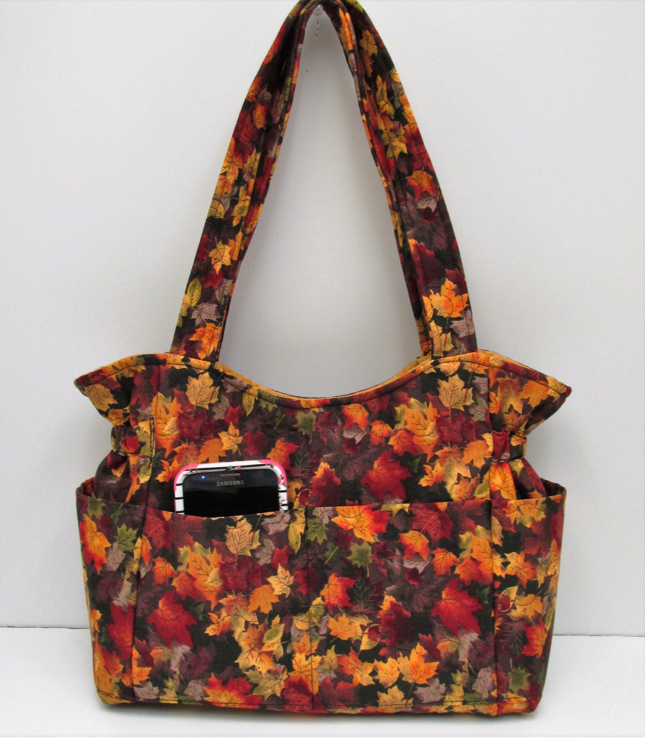 Gold Red Fall Leaves Bag Handmade Fabric Purse Custom Made