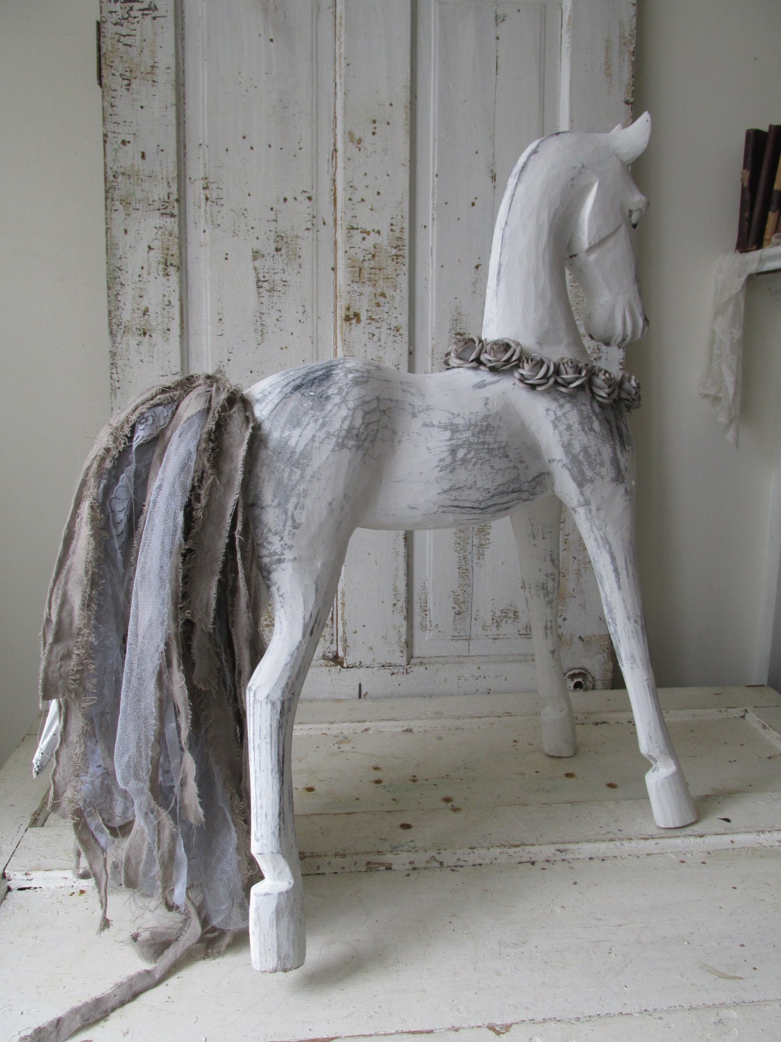 Large carved wooden horse statue white French by AnitaSperoDesign