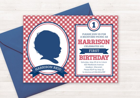 Picnic Birthday Invitation Kids, Custom Silhouette Invite AND Poster, First Birthday Invitation, Red White and Blue Invitation, Gingham, Boy Il_570xn