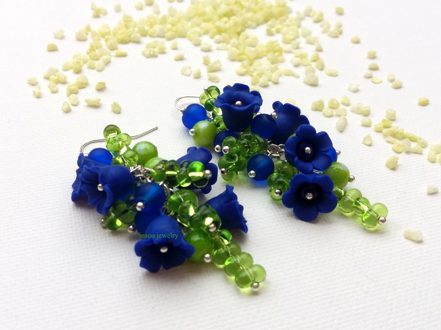 Blue Flower Wedding Earrings Dangle Flower Earrings Blue