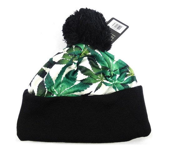 pom pom beanie rasta Pom Pom Rasta Cannabis Black White Kush Beanie Hat & GReen Embroidery