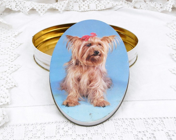 Vintage French Metal Candy Tin with a Silky Terrier, French Vintage Decor, Retro Dog Owner Gift, Retro Mid Century Candie Box from France