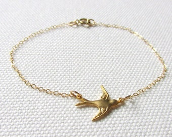 Dainty Gold Bird Bracelet Tiny Dove Delicate Modern Stacking Bracelet Layering Minimalist Little Bird Gold Fill or Plate Chain