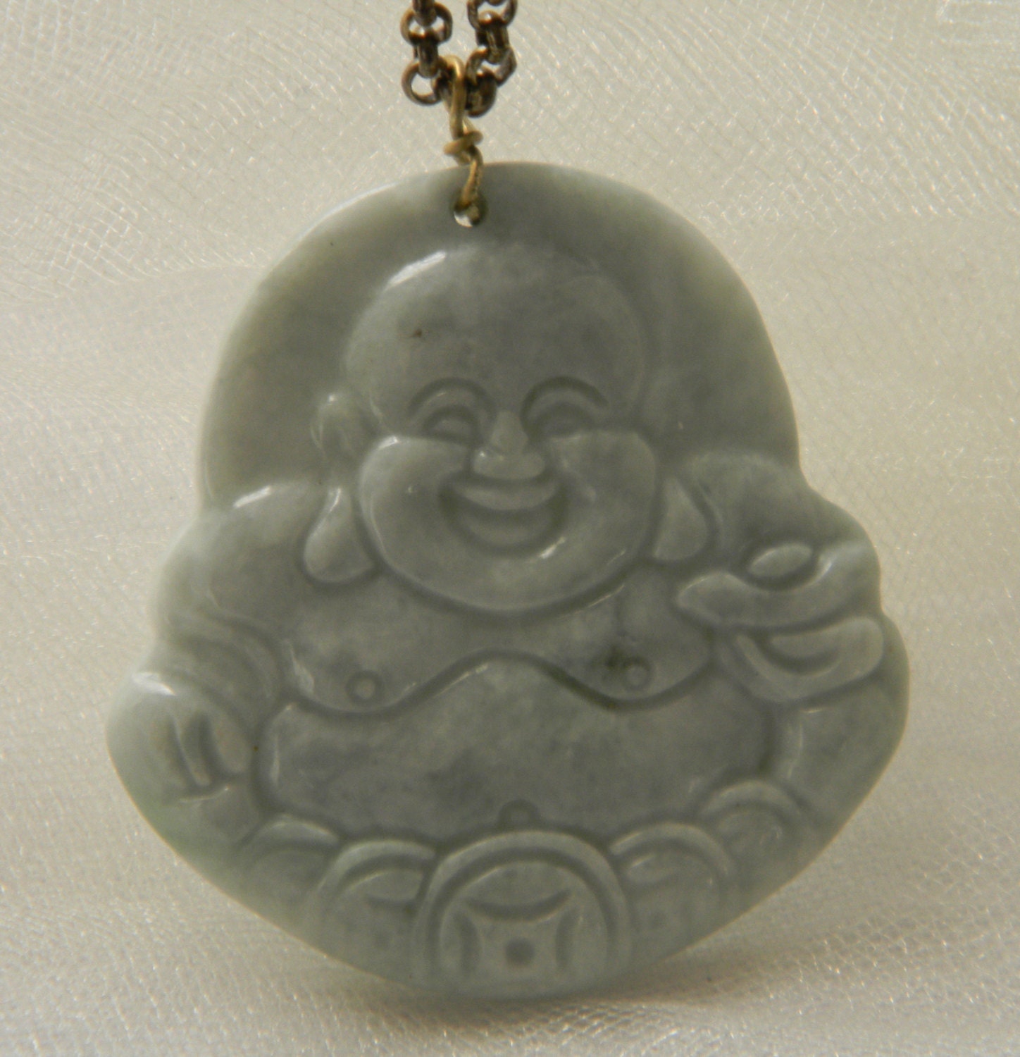 Jade laughing Buddha pendant & brass chain necklace Buddhist