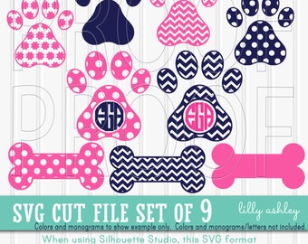 Paw Print SVG Cut File Set of 9 cut files {svg png jpg formats} Commercial use Monogram svg dog bone svg chevron svg {no letters included}