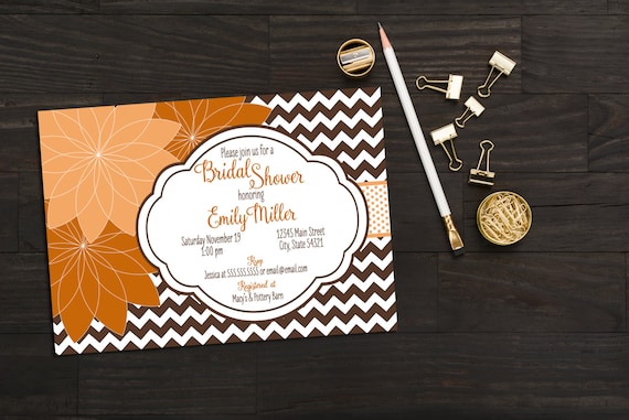 Fall Bridal Shower Invitation - Fall Baby Shower Invitation - Fall Flowers - Chevron Stripes - Brown and Orange - Printable Il_570xn