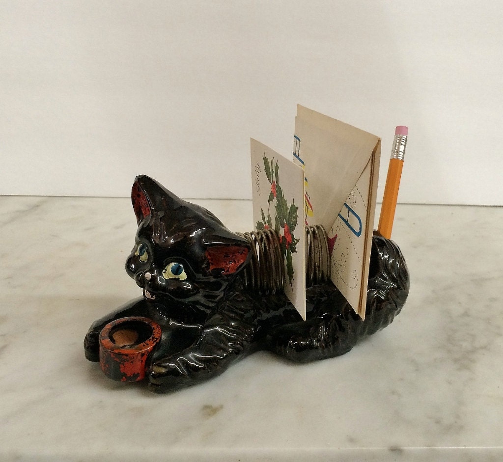 ViNTAGE BLACK CAT LeTTER PeNCIL HOLDER ceramic desk by mytesoros
