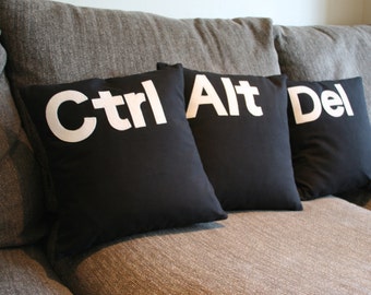 Ctrl Alt Del 16'' / 40cm black white pillow cushion cover , set of three , felt letters