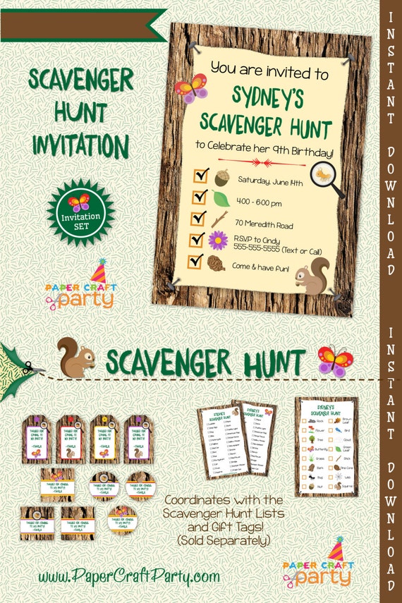 Scavenger Hunt Printable Invitation Nature Party Invite