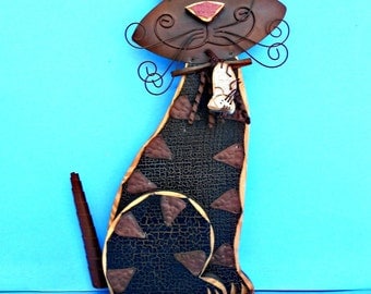Large Wood and Metal Kitty Cat, Black Brown Tabby Cat, Kitty with Mouse, 14 Inch Decorative Cat, Pink Nose, Curly Whiskers, Home Decor