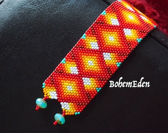 beading pattern: Flaming diamonds seed bead fire ombre odd-count peyote stitch cuff bracelet. MUST KNOW odd-count peyote. download only.