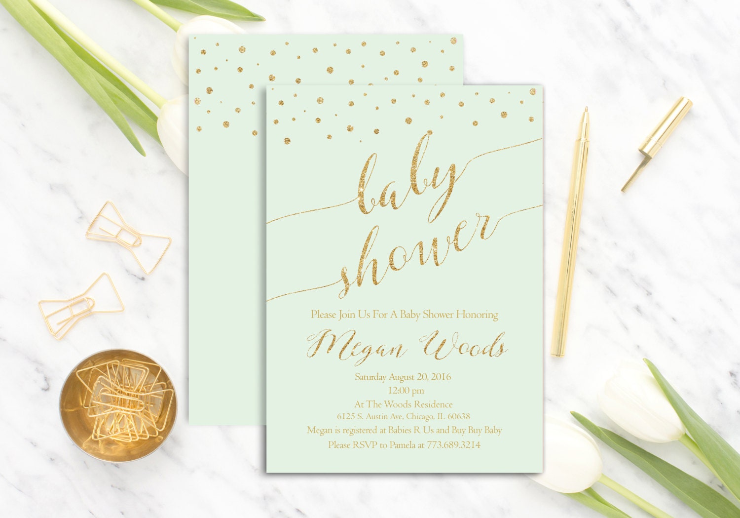 Gold Mint Baby Shower Invitation Printable Gender Neutral