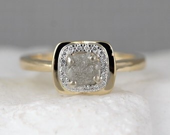 14K Yellow Gold Raw Diamond Halo Ring - Rough Diamond Engagement Rings - Uncut Conflict Free Diamond Ring - Raw Diamond Gemstone Rings