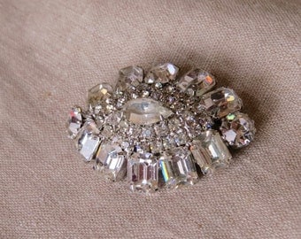 Vintage Silver Tone Crystal Rhinestone Brooch Oval Jewelry Repurpose Reuse Wear
