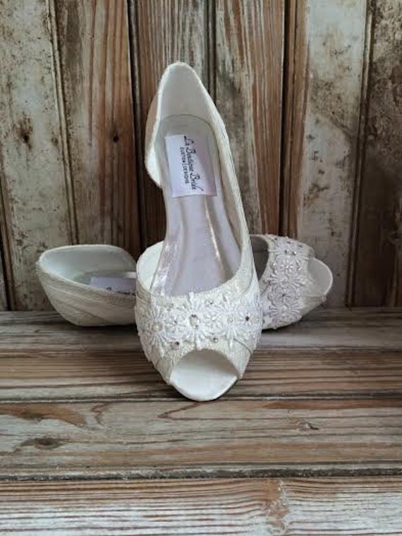 Bridal Lace Satin Flats Open Toe Beaded Lace by LaBoutiqueBride