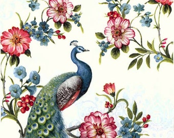 4 Decoupage Napkins | Peacock in a Flower Garden | Peacock Napkins | Flower Napkins|Garden Napkins|Bird Napkins|Paper Napkins for Decoupage