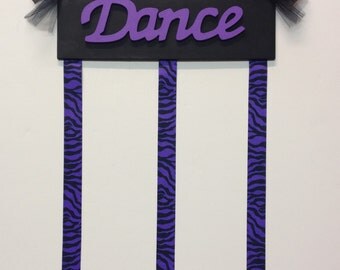 Dance Sign Girls Bedroom Wooden Hair Bow Holder Hair Bow Black and Purple with Black and Purple Zebra Ribbon