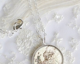 Vintage Europe Map Necklace, Silver Pendant Necklace, Resin Necklace jewelry,Resin Jewelry,Pendant charm statement necklace N005