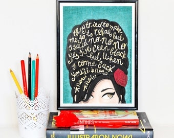 Rehab Amy Winehouse Music Poster, Typography Lyrics, Amy Winehouse Portrait, Music Illustration, Pop Art Wall Art, Creative Gift, Art Print