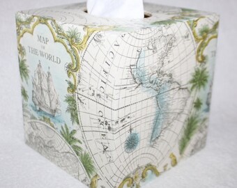 Map of the World, Wooden Tissue Box Cover, Adventures, Holiday, Great Gift for a Birthday, Housewarming, Friends, Travel Gift, Living Room