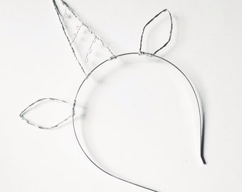 Silver Crystal Unicorn Horn Headband, Wire Unicorn Horn With Ears, Halloween Hair Band, Cosplay Accessory