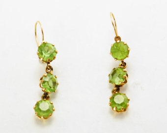 14k Gold 1900s Art Nouveau Green Glass Earrings
