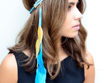 THE MARINA - Aqua Blue Gold Tribal Side Feather Headband, Bohemian, Hipster Festival Feather Headdress, Native American Headdress Pocahontas