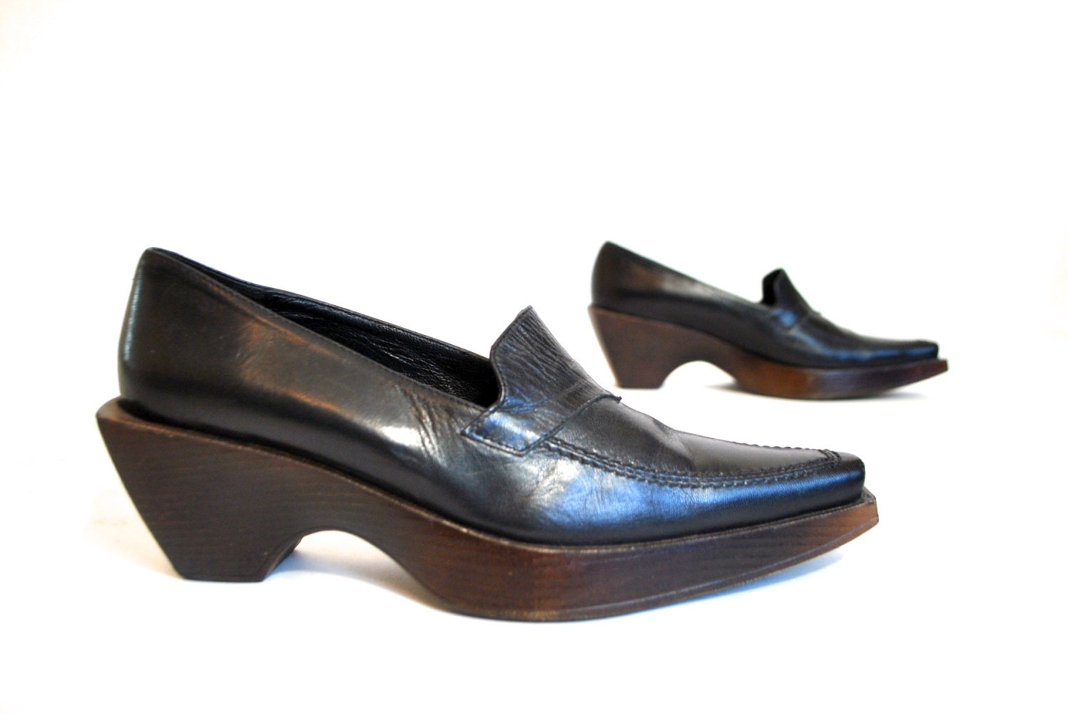 90s CLERGERIE Platform Loafers Wooden Heel Pointed Toe Black