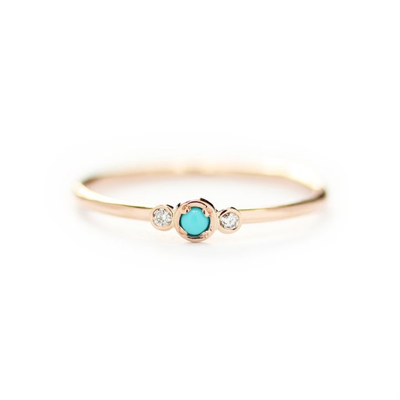 14k Solid Gold Natural Turquoise With Diamond by KHIMJEWELRY