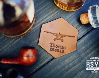 Personalized Leather Coaster, Custom Leather Coaster, Handmade housewarming wedding anniversary Drinking Gift groomsman Plane pilot airplane
