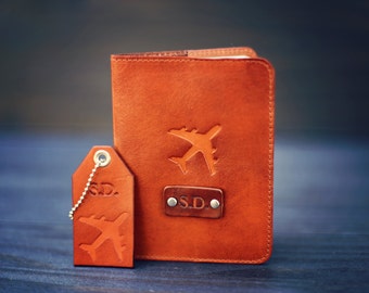 A set of Personalized real Leather Passport Cover and a luggage tag, passport holder travel, airplane, flight, plane, Custom name initials