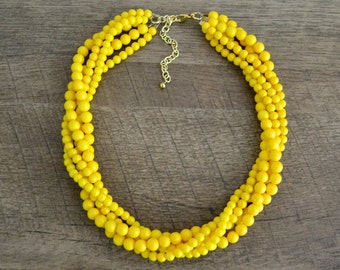 The Zoe Yellow Statement Necklace, Layered Statement Necklace, Multistrand Necklace, Beaded Statement Necklace, Chunky Yellow Necklace