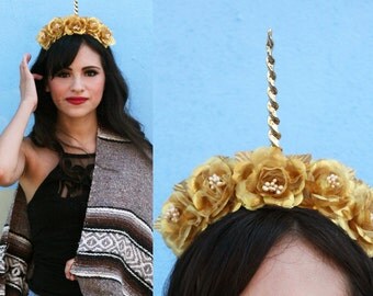 Gold Unicorn Horn Flower Crown (Fantasy Gypsy Boho Music Festival Unicorn Costume Horse Magical Headpiece Costume Fairy Faerie Elf)