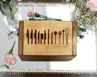 Custom Recipe Box & Dividers, Recipe Box Cards, Engraved Recipe Box, Mom Grandma Chef Foodie Housewarming Gift, Bamboo Wood --28525-RB01-001