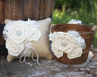 Rustic Flower Girl Basket and Ring Bearer Pillow Set, Burlap Ring Bearer, Rustic Flower Girl Basket, Rustic Flower Girl and Ring Bearer Set