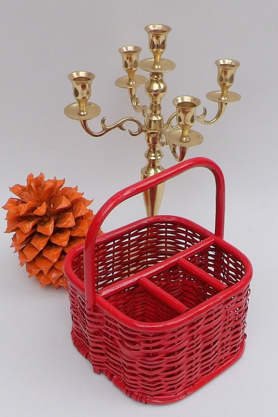 Red Wicker Basket Square Wine Compartment Vintage Storage Bin